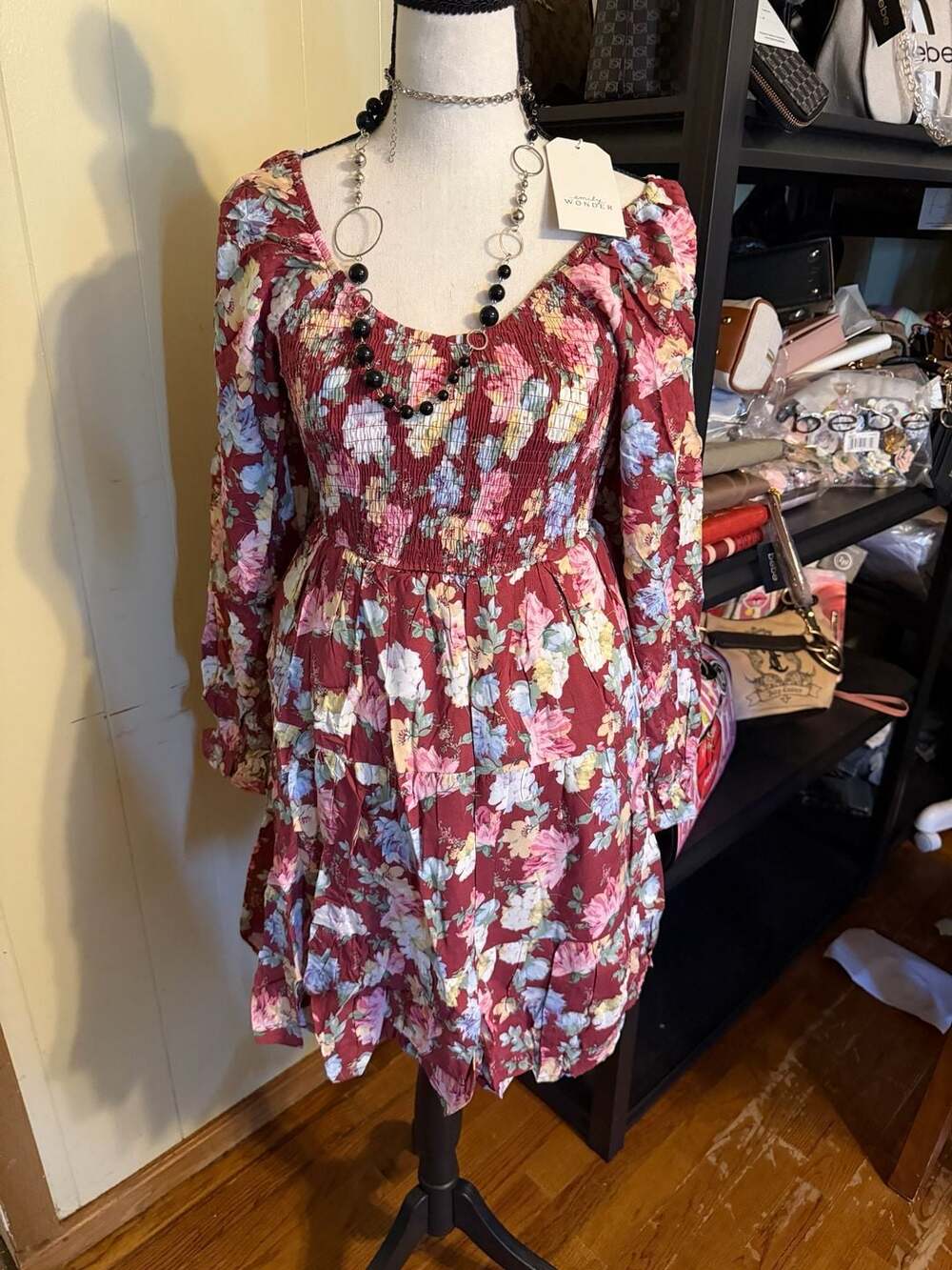 emily Wonder Floral Print Long Sleeve Square Neck Smocked Mini Dress
